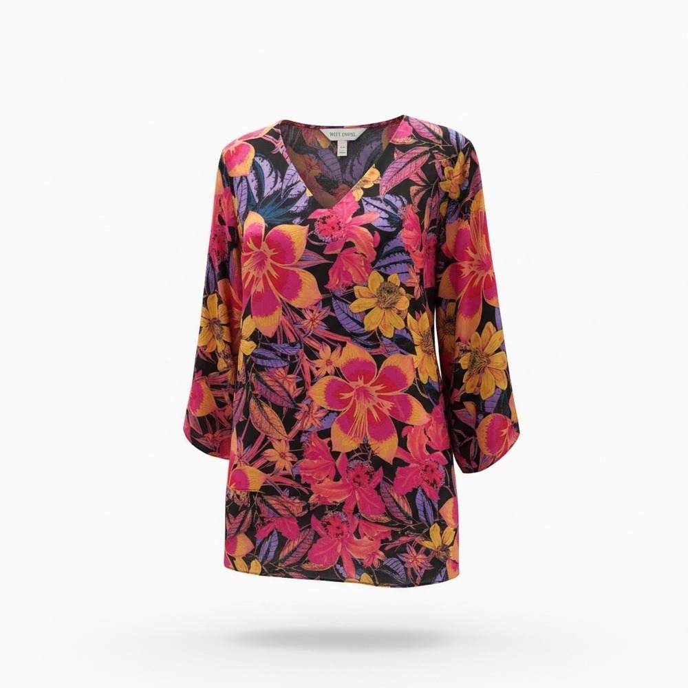 BEAUTIFUL Lawrence Zarian XL Paradise Floral V Neck Hi Low Blouse EUC